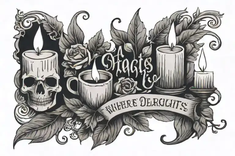 Bougie, feuille de parchemins avec la phrase where candlelights flickers though the air is deathly still tattoo design idea