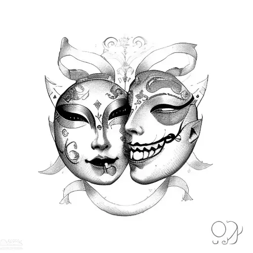 one venetian mask laughing, one venetian mask crying. with the word "persona" tattoo design idea