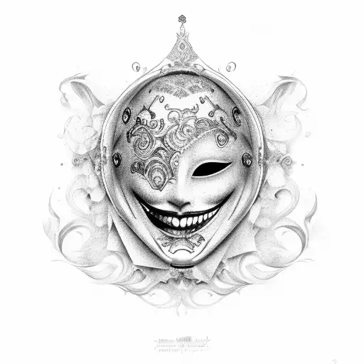 one venetian mask laughing, one venetian mask crying. with the word "persona" tattoo design idea