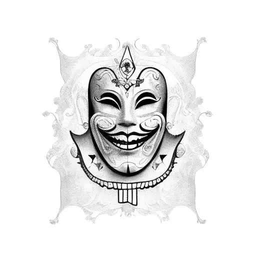 one venetian mask laughing, one venetian mask crying. with the word "persona" tattoo design idea