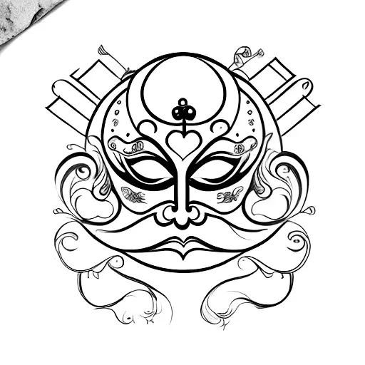 one venetian mask laughing, one venetian mask crying. with the word "persona" tattoo design idea