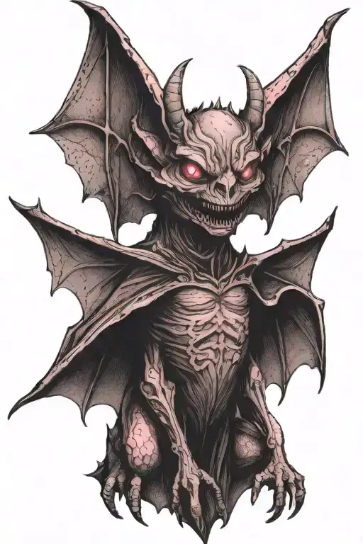 Bat demon with wings spread wide and pink eyes tattoo design idea