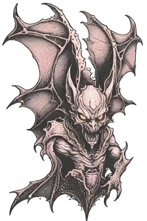 bat-winged  demon with wings spread pink eyes pointy ears dark background  tattoo design idea