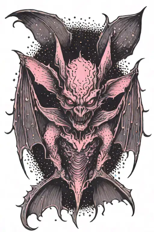 bat demon with wings spread pink eyes pointy ears dark background tattoo design idea