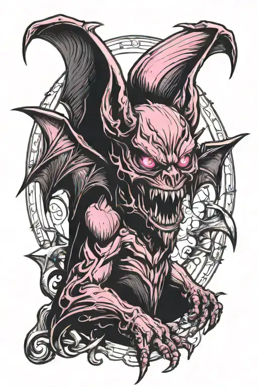 bat demon with wings spread pink eyes pointy ears dark background tattoo design idea