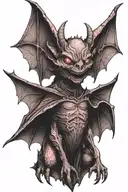Bat demon with wings spread wide and pink eyes tattoo design idea