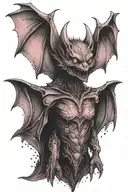 Bat demon with wings spread wide and pink eyes tattoo design idea