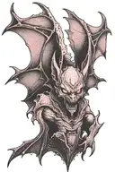 bat-winged  demon with wings spread pink eyes pointy ears dark background  tattoo design idea