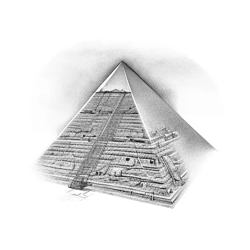 A detailed scene of Khufu overseeing the construction of the pyramid, with workers and tools depicted in black-grey realism tattoo design idea