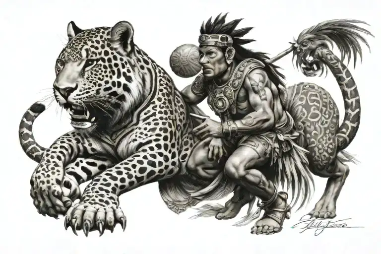 Mayan Warrior with jaguar prowling tattoo design idea