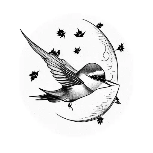 Swallow Bird with moon and star and falling leaves tattoo design idea