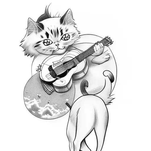 A tattoo of an anime character playing a guitar with a cat and a dog at their feet tattoo design idea