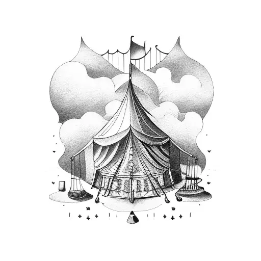 A tattoo of a circus tent surrounded by musical instruments tattoo design idea