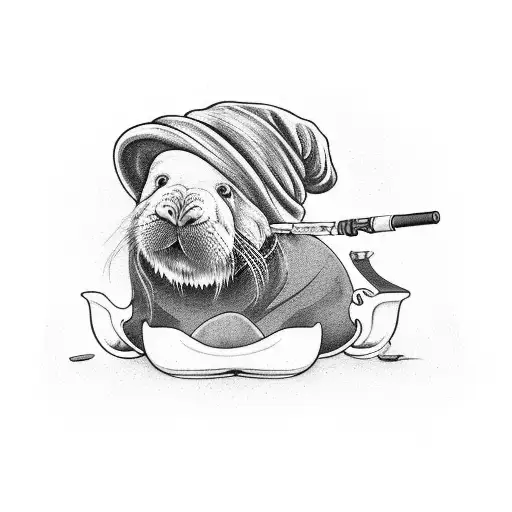 walrus wearing a beanie smoking a pipe tattoo design idea