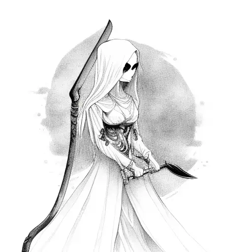 A hauntingly beautiful woman with a scythe in hand tattoo design idea