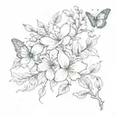 Jasmine flower vine with leaves and butterflies flying tattoo design idea