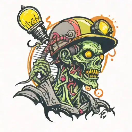 Electrician zombie with helmet and light bulb with neon details tattoo design idea