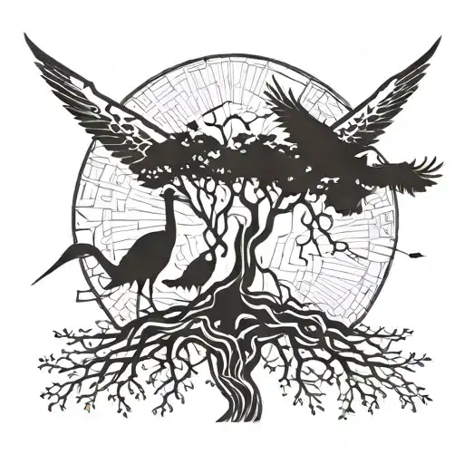  An abstract interpretation of a construction crane morphing into a tree of life, representing growth and trust in the i tattoo design idea