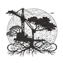  An abstract interpretation of a construction crane morphing into a tree of life, representing growth and trust in the i tattoo design idea