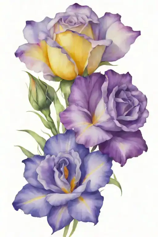 yellow rose, purple iris, purple violet flower bouquet tattoo design idea