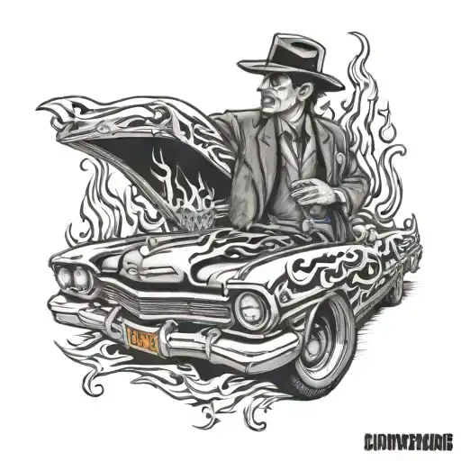 pachuco man standing next to a lowrider with like flames on it  tattoo design idea