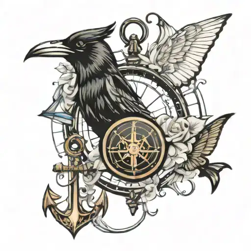 Anchor compass ravens butterflys taking off a mask  tattoo design idea