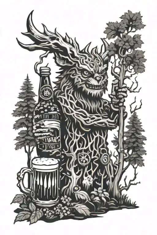 forest & beer & monster tattoo design idea