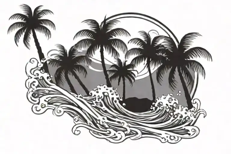 palm trees and waves tattoo design idea