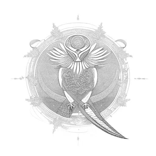 circular wreath with a falcon in the center. Art style should feel celtic or norse tattoo design idea