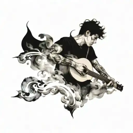 A portrait of your son playing a guitar surrounded by abstract smoke clouds, representing the bond between music and family tattoo design idea