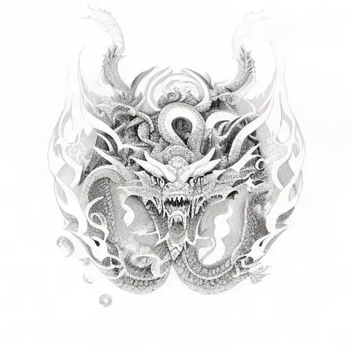 A fusion of Japanese and Nordic dragons battling each other, with Greek patterns in the background tattoo design idea