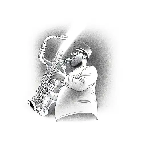 A realistic depiction of Jaylin playing the tenor saxophone on a grand stage with a spotlight shining down tattoo design idea