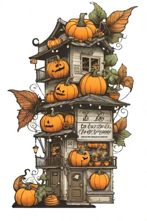A realistic tattoo design of a store front with a vibrant display of pumpkins, moths, and mushrooms, with a subtle musical element incorporated into the background tattoo design idea