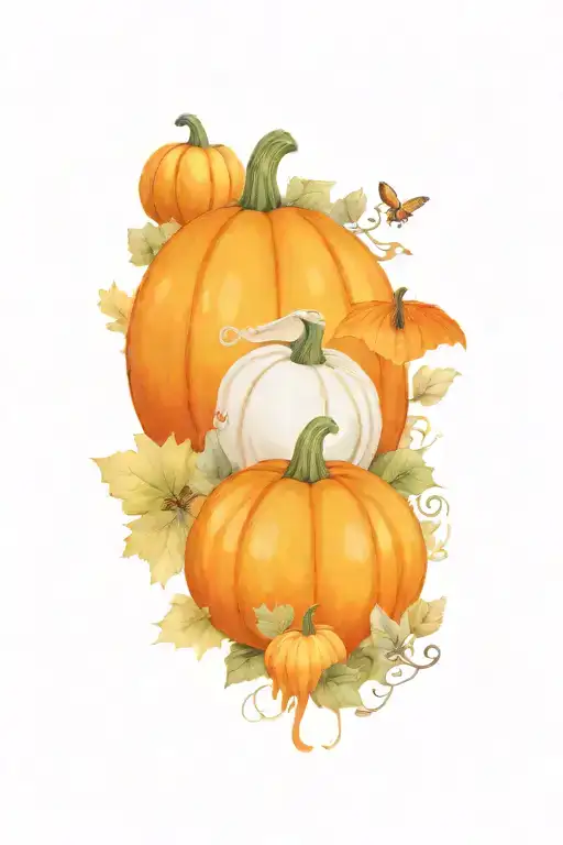 A realistic tattoo design of a store front with a vibrant display of pumpkins, moths, and mushrooms, with a subtle musical element incorporated into the background tattoo design idea