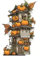 A realistic tattoo design of a store front with a vibrant display of pumpkins, moths, and mushrooms, with a subtle musical element incorporated into the background tattoo design idea