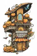 A realistic tattoo design of a store front with a vibrant display of pumpkins, moths, and mushrooms, with a subtle musical element incorporated into the background tattoo design idea