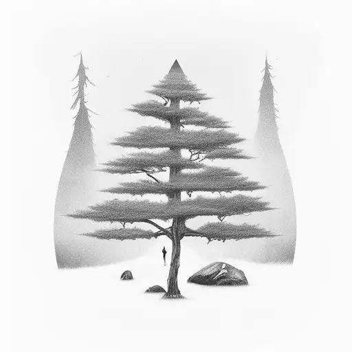 foggy forest with sword in stone  tattoo design idea