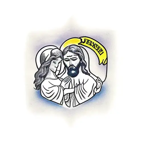 2 people praying by Jesus and a cross tattoo design idea