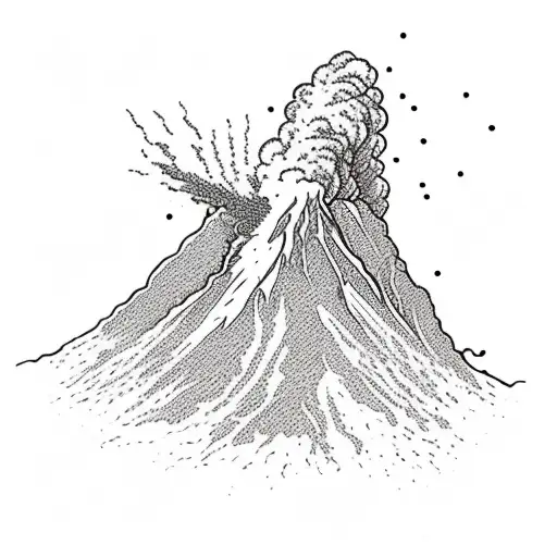 A majestic volcano erupting with vibrant lava, surrounded by towering mountains tattoo design idea