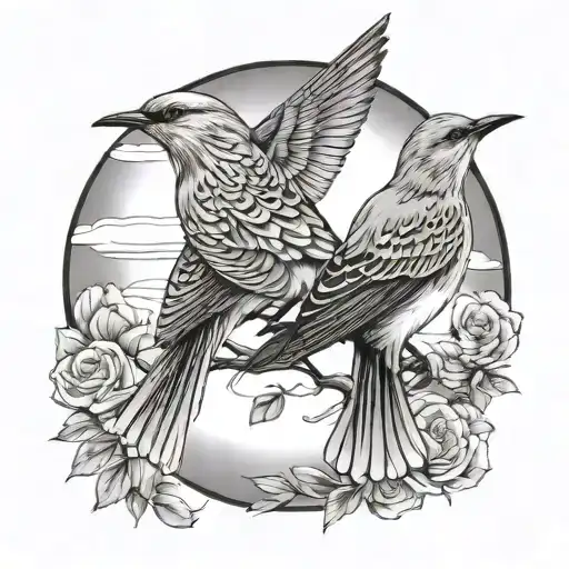 two mockingbirds sharing a long blindfold flying into the sun tattoo design idea