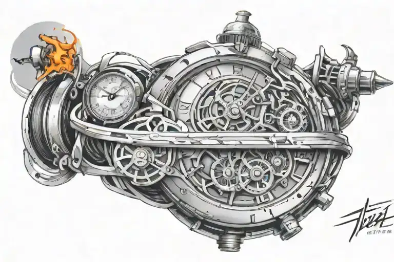A sci-fi inspired timepiece with fire elements, combining the client's favorite things of science fiction and fire tattoo design idea