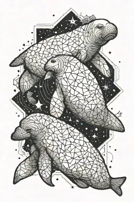 a tattoo including manatees and  Teddy bears, the ocean and stars tattoo design idea