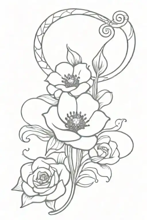 Sun, water, anchor, flower tendril with roses, poppy, forget-me-not tattoo design idea