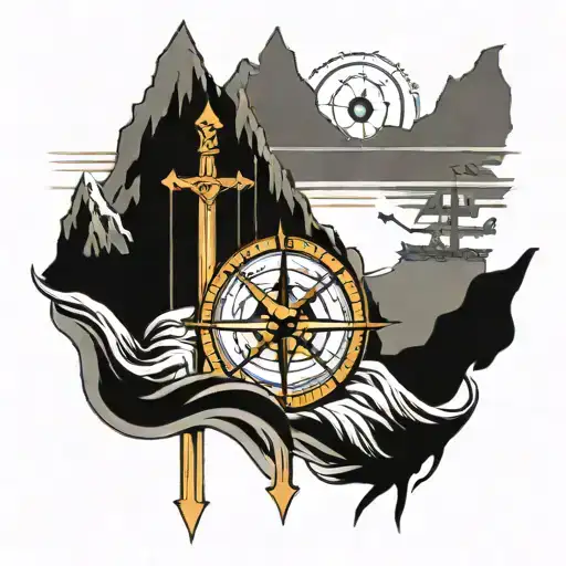 Poseidon, Trident, mountains,compass,sea, lion, jesus cross tattoo design idea