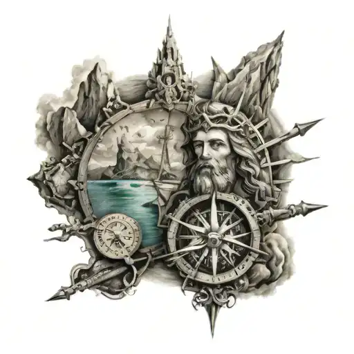 Poseidon, Trident, mountains,compass,sea,  jesus cross  tattoo design idea