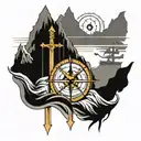 Poseidon, Trident, mountains,compass,sea, lion, jesus cross tattoo design idea