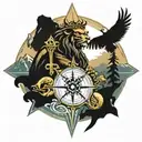 Poseidon, Trident, mountains,compass,sea, lion, jesus cross tattoo design idea