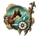 Poseidon, Trident, mountains,compass,sea, lion, jesus cross tattoo design idea