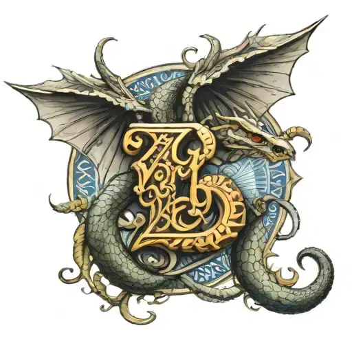 dragon, snake, "Z" and "A" letters, devil wings,  Greek mythology, ancient egypt gods tattoo design idea