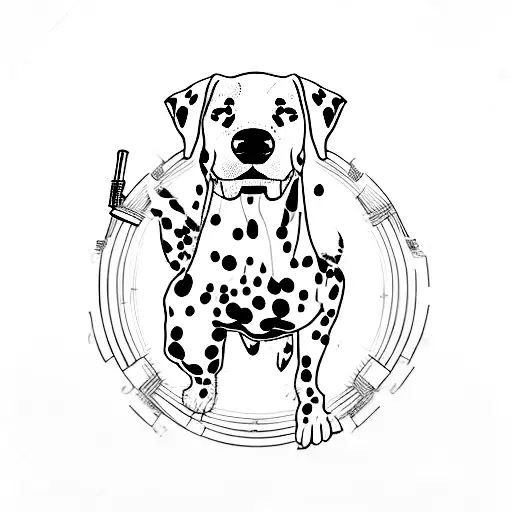 A silhouette of a Dalmatian in a heroic pose, with a movie reel unraveling from its tail and forming the outline of a pen. tattoo design idea
